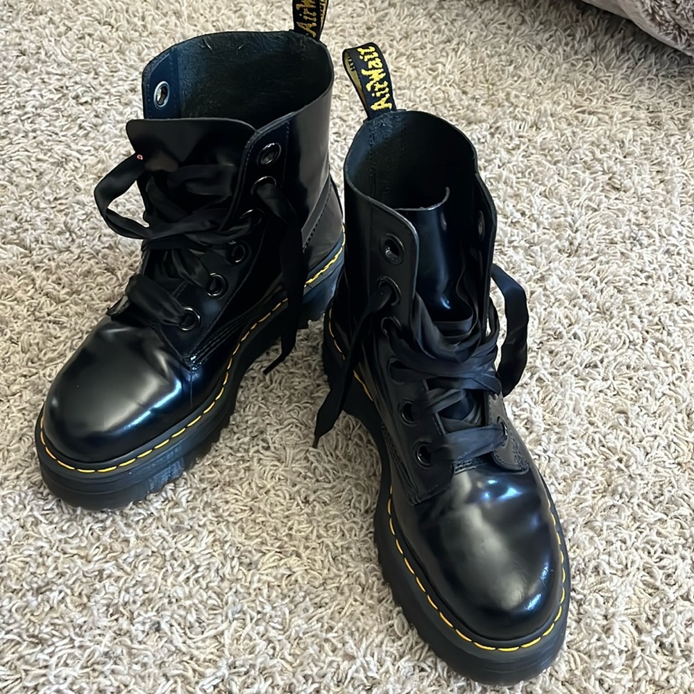 Dr. Martens Black Leather Platform Boots with Yellow Stitching